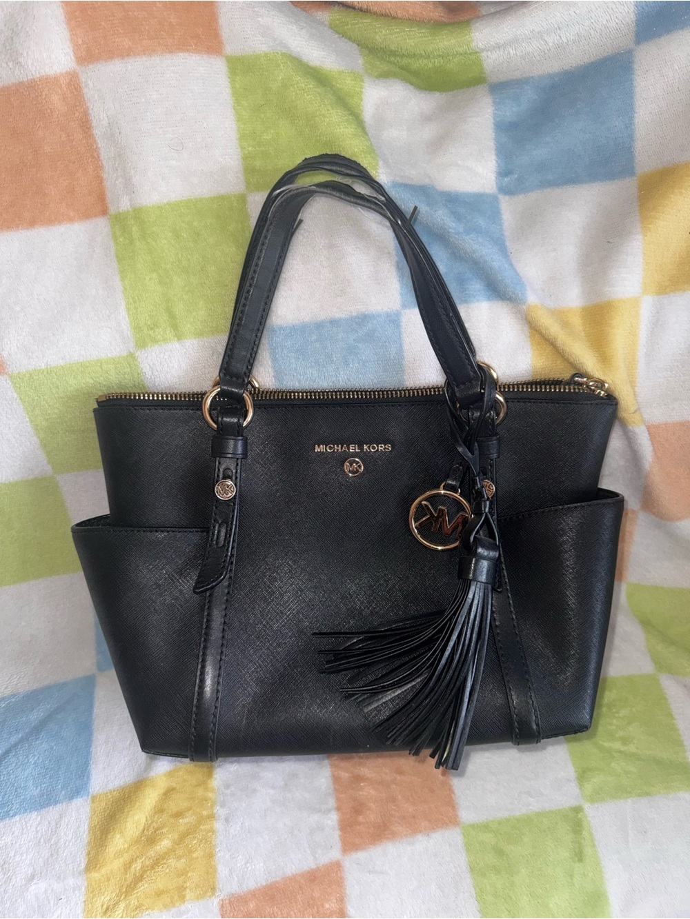 Michael Kors Black Saffiano Satchel with Tassel Charm